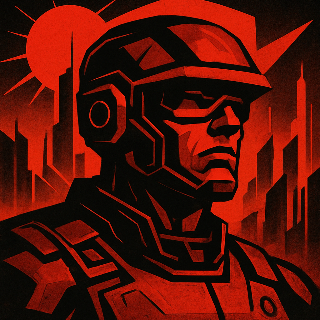 Retro-futuristic sci-fi portrait, the ComradeGPT 2067 game profile icon